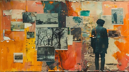 a person stands looking at paintings on a wall with peeling paint