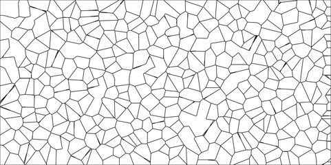 Obraz premium Abstract White Colored Broken Stained-Glass Geometric Retro Tiles Pattern w Black Lines & Quartz Crystal Voronoi Diagram Background for Website, Fabric Printing, Brochures, Luxury/Premium Packaging