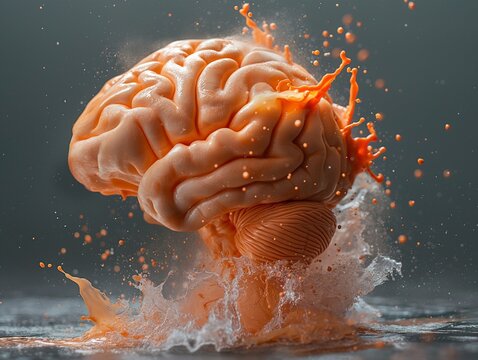 Human brain on a gray background, concept with brain exploding ideas. Mind blown concept