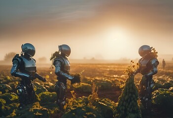 AI generated illustration of robotic exoskeletons standing near fruits