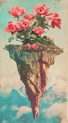 the red flowers are placed on a rocky island with high mountains in the background