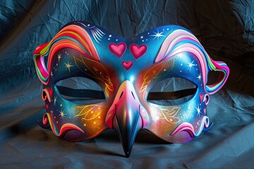 colorful mask made to look like a bird on a black background - obrazy, fototapety, plakaty