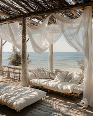 Wooden Mediterranean Patio with veil curtains and sofa, on a sand beach - 780457684