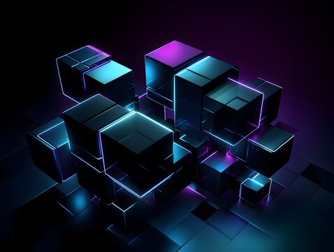 Glowing Futuristic Data Cubes in Vibrant Electric Hues Against a Shadowy Technological Backdrop