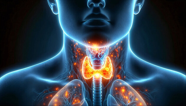 Glowing, detailed view of a human's upper body focusing on the thyroid gland, AI-generated.