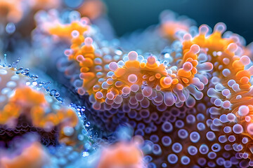 a close up of a coral with a lot of water droplets on it's corals and coral corals on the bottom of the coral are orange and blue.