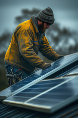 Profesional man in winter gear installs solar panel amidst snow-covered landscape, highlighting renewable energy work in cold climates.