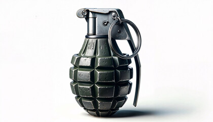 Hand grenade with a pin and lever intact, set against a white background