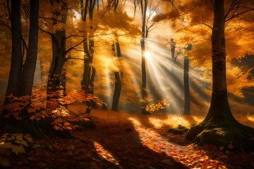 A woodland scene, with sunlight filtering through the leaves in their autumn splendor.