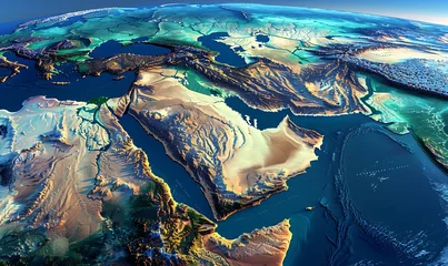 Foto op Plexiglas topography of the Arabian Peninsula and Middle East through detailed physical maps, showcasing Earth's diverse landforms in a captivating 3D illustration © AhmadTriwahyuutomo