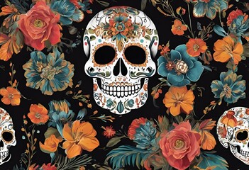AI generated illustration of skulls adorned with intricate floral patterns