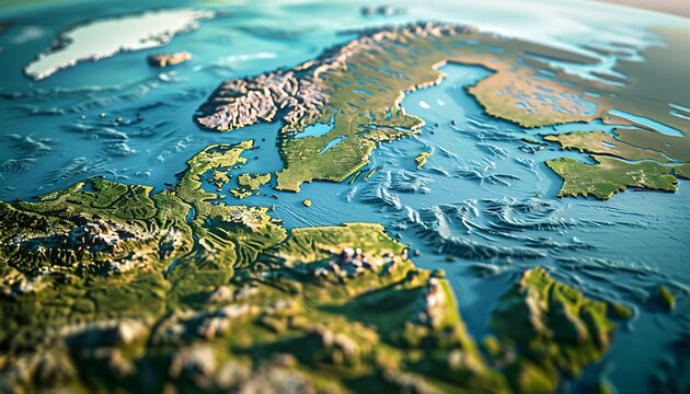 3D illustration showing flattened satellite view of Scandinavia and Northern Europe's geography and topography