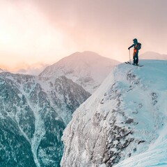 Skier standing at the edge of the mountain covered in snow during winter at sunset