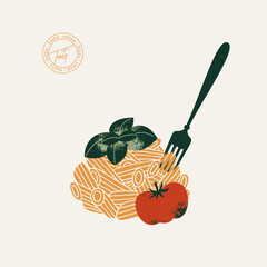 Penne pasta with tomato and basil. Italian food illustration. Vector illustration