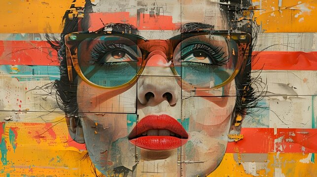 a painting on a wall has glasses and a red lip