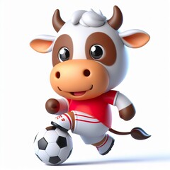 Cute character 3D image of a ox with simple football clothes playing a ball, funny, happy, smile, white background