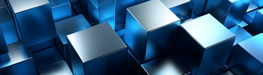 Innovative Geometric 3D Cube Backdrop with Metallic Silver and Blue Tones Representing Advanced Technology Design