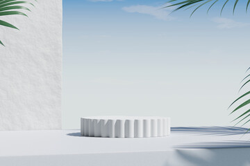 Product display stand and tropical palm leaves with white plaster wall and blue sky background. 3D rendering	