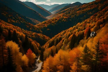 A mountainside covered in a patchwork of autumn hues, a breathtaking vista.