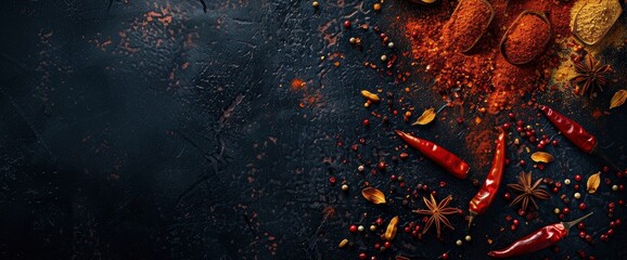 Photo of a dark background with scattered spices. On one edge there is dusted red chili powder, dried chillies and paprika. Top view