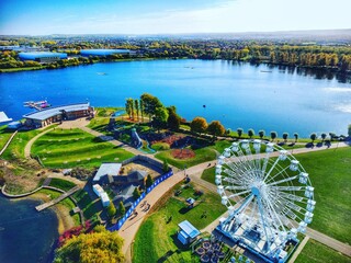 Aerial shot of Willen lake with its different attractions at Milton Keynes, Buckinghamshire, England