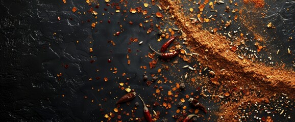 Photo of a dark background with scattered spices. On one edge there is dusted red chili powder, dried chillies and paprika. Top view - obrazy, fototapety, plakaty