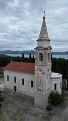 Vertical aerial view of the old parish church of Peter and Paul