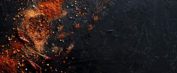 Photo of a dark background with scattered spices. On one edge there is dusted red chili powder, dried chillies and paprika. Top view - obrazy, fototapety, plakaty