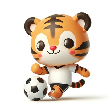 Cute character 3D image of a Tiger with simple football clothes playing a ball, funny, happy, smile, white background