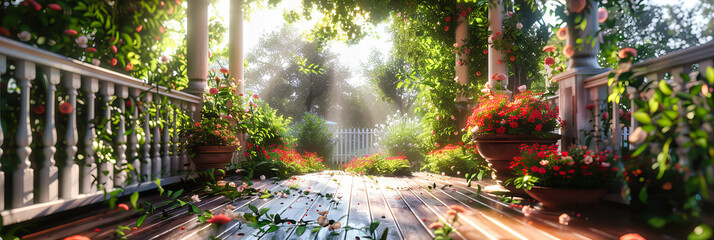Sunlit Garden Pathway, Tranquil Walk Through Natures Beauty, Idyllic Outdoor Living Space