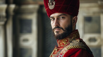 Ottoman Janissary in historical uniform with traditional red fez and gold embroidery - obrazy, fototapety, plakaty