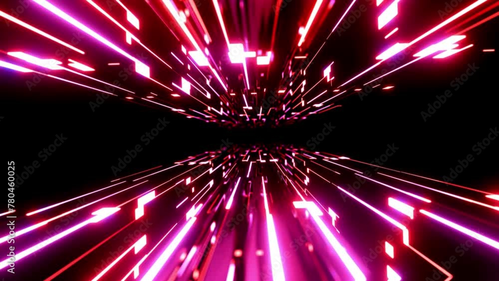 Poster flight through hi-tech technology tunnel with camera shake. neon light in mirror room, sci-fi constr