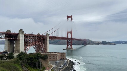 View of the Golden Gate Bridge behind dense clouds, San Francisco, California, USA