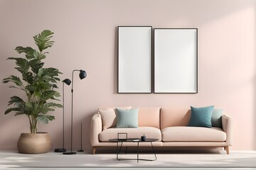 Pastel Living Room Decor: Blank Picture Frame Mockup in Mission Style Interior