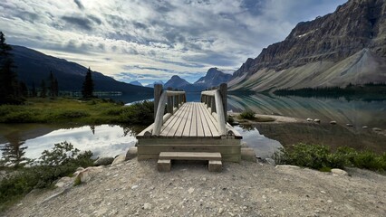 Scenic view of a wooden pier on Bow Lake in Banff National Park in Alberta, Canada