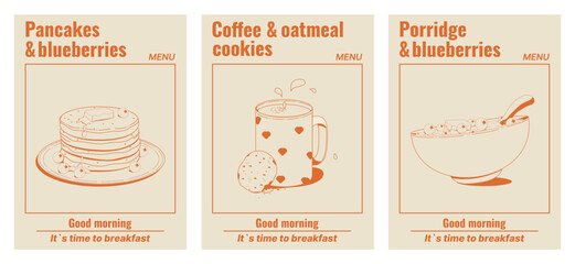 A set of menu covers, posters  with food: pancakes, coffee with oatmeal cookies, porridge with blueberries. Monochrome palette. A delicious and healthy breakfast. Vector illustration.