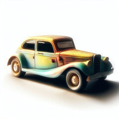  a classic antique car with bright colors on a white background. shiny automobile retro with rainbow colors. 3d illustration made with generative AI technology
