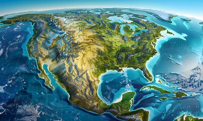 Naklejka na ściany i meble geography and topography of the USA through a detailed physical map, showcasing Earth's landforms in a 3D illustration