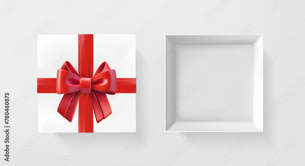 Poster white gift box opened and closed with red satin ribbon and bow. 3d style vector illustration
