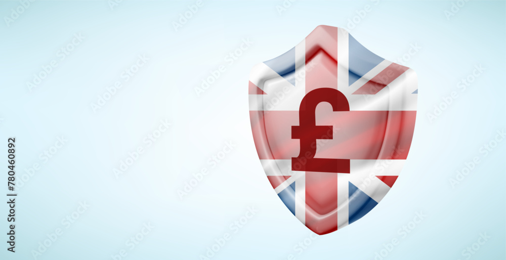 Poster metal shield with gbp currency sign isolated on white background. 3d vector banner with copy space