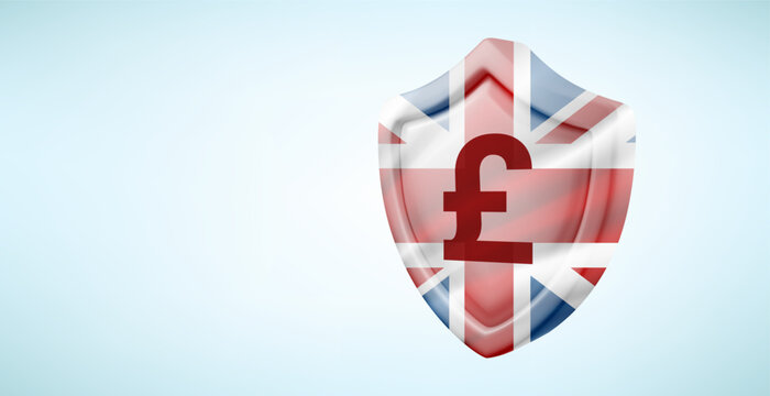 Metal shield with GBP currency sign isolated on white background. 3d vector banner with copy space