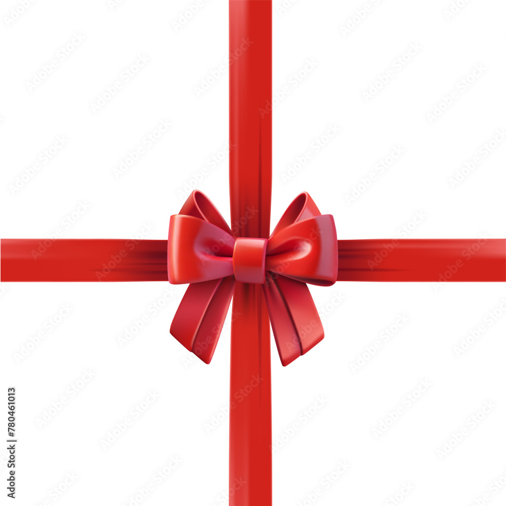 Poster red ribbon with a bow on the top of square gift box. design template. 3d vector illustration