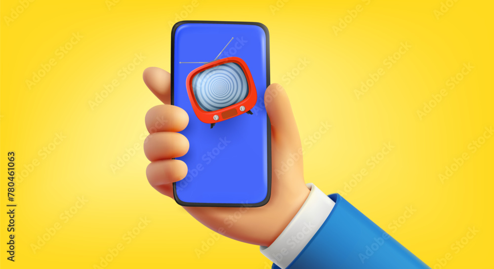 Poster man holding mobile phone with tv application. 3d vector illustration