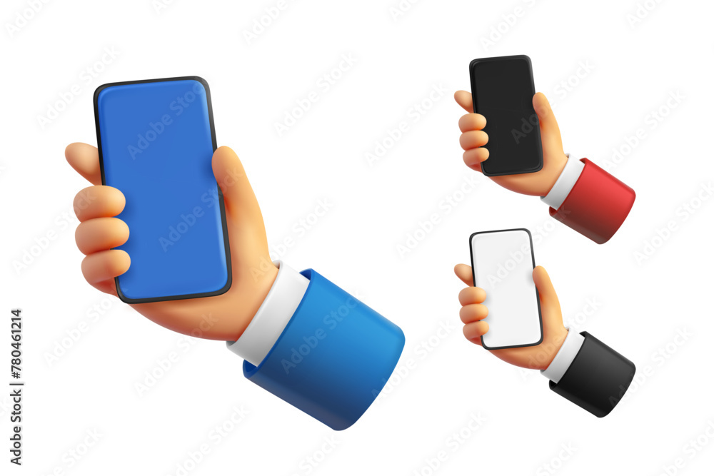 Poster man holding smartphone in a hand. 3d vector clipart