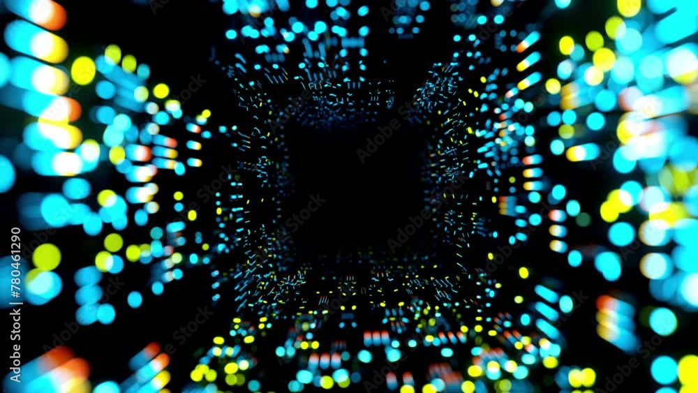Poster flight through hi-tech technology tunnel with camera shake. neon light in mirror room, sci-fi constr