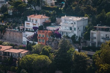 Aerial view of a town with tall building houses