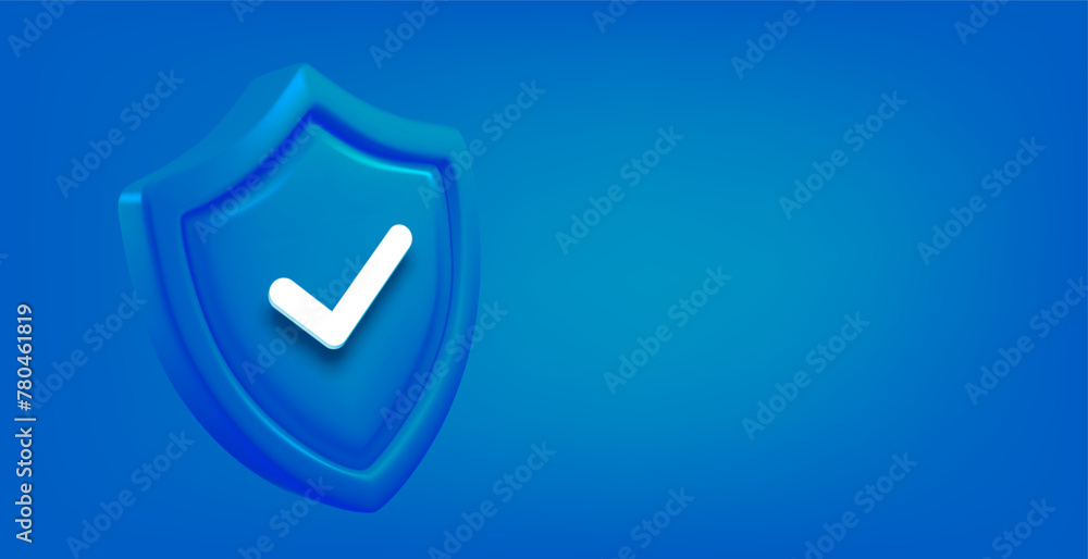 Poster Blue shield with checkmark. 3d vector banner with copy space