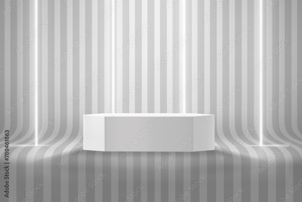 Wall mural empty room with podium and neon lamps and stripes on the floor. 3d style vector illustration