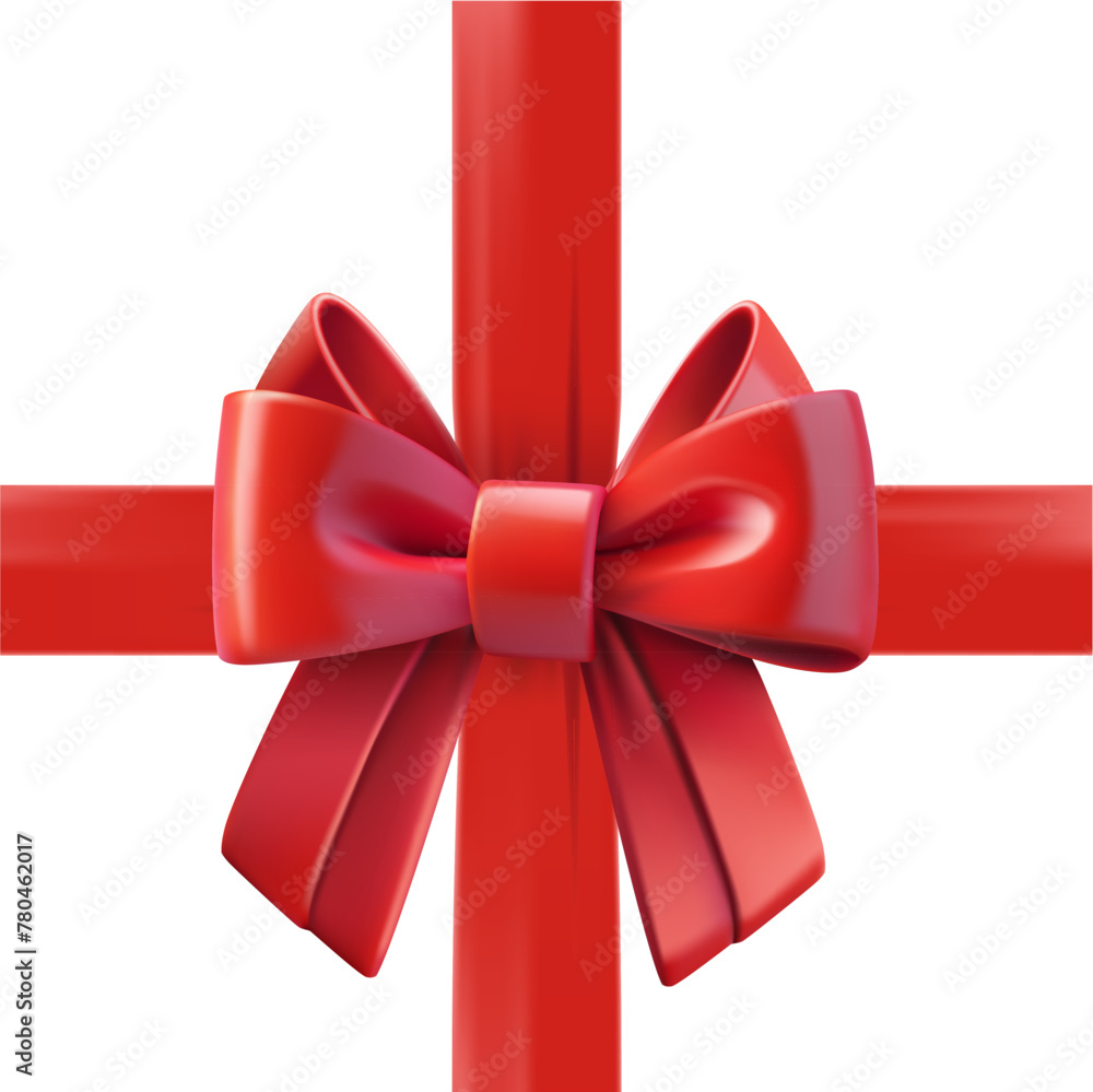 Poster red ribbon with a bow on the top of square gift box. design template. 3d vector illustration