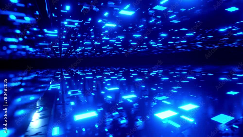 Poster flight through hi-tech technology tunnel with camera shake. neon light and fog, sci-fi constructions